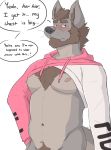  absurd_res anthro beard blush bodily_fluids body_hair bottomless canid canine chest_hair clothed clothing dialogue english_text facial_hair hi_res hoodie male mammal meme meme_clothing navel nipples pecs pubes solo sweat sweatdrop text topwear unpopularwolf 