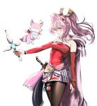  1girl animal_ear_fluff animal_ears antenna_hair bare_shoulders blush bracelet braid braided_bun breasts bridal_gauntlets brown_pantyhose cape cleavage closed_mouth commentary_request cosplay covered_navel crown_braid dagger detached_sleeves dress fang final_fantasy final_fantasy_vi flying from_side hair_bun hair_ornament hair_ribbon hakui_koyori high_ponytail highres holding hololive holster jewelry knife kokoro_(hakui_koyori) large_breasts long_hair long_sleeves looking_at_viewer mog mog_(cosplay) nose pantyhose pink_bridal_gauntlets pink_cape pink_dress pink_eyes pink_hair pink_ribbon pink_sash pink_sleeves purple_sash ribbon sash simple_background single_bridal_gauntlet single_detached_sleeve skin_fang smile strapless strapless_dress tail tassel terra_branford terra_branford_(cosplay) test_tube thigh_holster tube_dress virtual_youtuber wakaunderblade7 weapon white_background wolf_ears wolf_girl wolf_tail yellow_sash 
