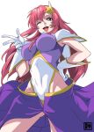  1girl artist_logo atamadarurun blue_eyes commentary_request cowboy_shot gloves gundam gundam_seed gundam_seed_destiny hair_ornament highleg highleg_leotard impossible_clothes impossible_leotard leotard long_hair meer_campbell multicolored_leotard open_mouth pink_hair purple_leotard purple_skirt simple_background skirt smile solo star_(symbol) star_hair_ornament teeth upper_teeth_only white_background white_gloves 