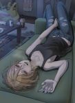  1girl absurdres beer_can blonde_hair can cigarette commentary couch denim highres huge_filesize indoors jeans looking_at_viewer lying on_back original pants rum short_hair smoking solo tabao tank_top torn_clothes torn_jeans torn_pants trash trash_bag 