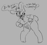  anthro breasts clothed clothing dialogue dialogue_box fangs female fluffy fluffy_tail hijackerdraws_(artist) lagomorph leporid mammal monochrome open_mouth open_smile rabbit simple_background singing smile solo 