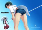  2girls alternate_costume ass bangs blue_sky commentary_request condensation_trail cutoffs denim denim_shorts dress feet_out_of_frame from_behind from_below gradient_sky green_eyes green_hair hood hooded_jacket hoodie jacket kantai_collection leaning_forward long_hair mikuma_(kantai_collection) mogami_(kantai_collection) multiple_girls nao_(nao_eg) official_alternate_costume parasol red_dress short_hair short_shorts shorts sky swept_bangs twintails umbrella white_jacket white_umbrella 