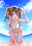  1girl :3 adjusting_eyewear ahoge all_fours bikini blue_eyes bracelet breasts brown_hair cat_earrings cloud day ebi_frion_(natsuiro_matsuri) eyewear_on_head fisheye flower front-tie_bikini front-tie_top hair_between_eyes hair_flower hair_ornament hair_ribbon highres hololive jewelry lemon_print long_hair looking_at_viewer na-code_(gurich) natsuiro_matsuri navel ocean open_mouth orange-framed_eyewear orange_ribbon outdoors ribbon side-tie_bikini sidelocks sky small_breasts smile solo sunflower sunglasses swimsuit twintails virtual_youtuber wet white_bikini wrist_ribbon 