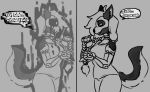  anthro black_body black_fur breasts canid canine clothed clothing dialogue dialogue_box duo female fluffy fluffy_tail fur hijackerdraws_(artist) mammal mirror monochrome open_mouth open_smile simple_background smile tattoo teeth 