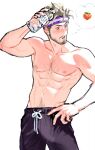  1boy abs bara beard black_pants blush bottle bulge casual cidolfus_telamon covered_penis english_commentary erection erection_under_clothes facial_hair final_fantasy final_fantasy_xvi groin hand_on_own_hip headband holding holding_bottle image_in_thought_bubble large_pectorals looking_to_the_side male_focus mori_doremi muscular muscular_male mustache navel navel_hair nipples open_mouth pants peach_emoji pectorals short_hair simple_background solo sparse_chest_hair sweat topless_male white_background 