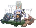  1girl animal_ear_fluff animal_ears black_footwear blue_hair blue_jumpsuit blush bow braid bunny_ears carrot_hair_ornament chibi closed_mouth commentary_request death_stranding food_themed_hair_ornament frown ground_vehicle hair_bow hair_ornament hololive itsuki_tasuku jumpsuit long_hair motor_vehicle motorcycle multicolored_hair red_eyes shoes sidelocks solo standing sweat twin_braids twintails two-tone_hair usada_pekora very_long_hair white_background white_bow white_hair 