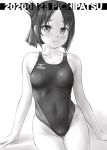  1girl :3 bangs breasts collarbone commentary_request competition_swimsuit cowboy_shot folded_ponytail greyscale hair_ribbon highres kaguya-sama_wa_kokurasetai_~tensai-tachi_no_renai_zunousen~ long_hair looking_at_viewer mizuno monochrome one-piece_swimsuit parted_bangs ribbon shinomiya_kaguya simple_background sitting small_breasts solo swimsuit thigh_gap tk4 