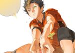  1boy armband atie1225 black_armband black_hair black_shorts collared_shirt cropped_legs dynamic_pose haikyuu!! highres jersey karasuno_volleyball_uniform looking_at_object male_focus multicolored_hair nishinoya_yuu outstretched_arms outstretched_leg parted_lips shirt short_sleeves shorts simple_background solo spiked_hair spiking sportswear streaked_hair volleyball volleyball_uniform white_background yellow_eyes 