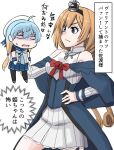  2girls blonde_hair blue_capelet blue_eyes blue_hair blue_neckerchief blue_overskirt blue_sailor_collar blue_skirt capelet commentary_request cowboy_shot crown dress gradient_hair hat kantai_collection long_hair mini_crown multicolored_hair multiple_girls neckerchief nekotarou_(nktr299) pleated_skirt sado_(kancolle) sailor_collar sailor_hat school_uniform serafuku shirt skirt sleeveless sleeveless_shirt translation_request two-tone_dress valiant_(kancolle) white_dress white_hat 