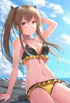  1girl akabane_hibame arm_behind_head arm_support arm_up bangs bare_arms bare_shoulders bikini blue_bow blue_sky blush bow breasts brown_eyes brown_hair cleavage closed_eyes cloud commentary_request day eyebrows_visible_through_hair frilled_bikini frills girls_frontline hair_bow hair_ornament hairclip highres horizon leaning_back long_hair looking_at_viewer medium_breasts navel ocean outdoors rock sidelocks sitting sky smile solo stomach swimsuit thighs twintails two-tone_bikini ump9_(girls_frontline) 