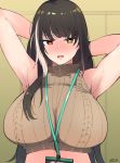  1girl armpits arms_behind_head artist_name bangs blush boca breasts brown_hair crop_top girls_frontline heterochromia highres id_card korean_commentary lanyard large_breasts long_hair midriff open_mouth ribbed_sweater ro635_(girls_frontline) standing sweat sweater 