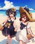 2girls alternate_costume anchor bag beach black_eyes black_hair blue_dress blue_sky brown_eyes brown_hair cloud commentary_request day dress feet_out_of_frame hat headset highres holding_hands kantai_collection lowleg lowleg_pantyhose mountain multiple_girls official_alternate_costume open_mouth outdoors pantyhose round_teeth short_hair short_hair_with_long_locks sidelocks sky speaking_tube_headset straw_hat sun_hat sundress teeth tokitsukaze_(kantai_collection) upper_teeth white_dress yoshino_ns yukikaze_(kantai_collection) 