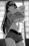  1girl bangs blush breasts cowboy_shot gentsuki greyscale half-closed_eyes highres indoors large_breasts lifted_by_self long_hair looking_at_viewer monochrome navel no_bra open_mouth original parted_lips shirt shirt_lift short_shorts short_sleeves shorts sliding_doors solo standing stomach sweat t-shirt thighs translation_request underboob undressing 