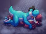 2016 3_toes 4_fingers all_fours anthro biped black_hair blue_body blue_eyes blue_skin blush cyan_yoshi duo feet fingers floor hackel hair looking_at_another lying male male/male mario_bros multicolored_body multicolored_skin nintendo nose_to_nose nude on_back open_mouth pink_body pink_skin pink_yoshi pinned pinned_arms pinned_to_ground shower side_view the-b3ing tile tile_floor toes two_tone_body two_tone_skin unknown_character water white_body white_skin yoshi