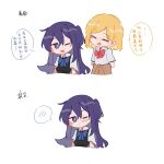  =_= black_dress blonde_hair blue_bow blue_bowtie blush bow bowtie brown_cardigan cardigan cardigan_around_waist chinese_commentary chinese_text closed_eyes closed_mouth clothes_around_waist collared_shirt commentary_request dress highres izumi_shiho koa0427 long_hair mizuguchi_aki mole mole_under_eye one_eye_closed one_side_up open_mouth pinafore_dress purple_eyes purple_hair red_bow red_bowtie sasayaku_you_ni_koi_wo_utau school_uniform shirt short_hair short_sleeves simple_background sleeveless sleeveless_dress spoken_blush translation_request upper_body white_background white_shirt 