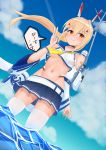  1girl absurdres ascot ayanami_(azur_lane) azur_lane bandaid bandaid_on_arm bangs bare_shoulders belt blue_sailor_collar blue_skirt blue_sky blurry blush breasts choker cloud cloudy_sky collarbone commentary_request cowboy_shot crop_top day depth_of_field detached_sleeves dutch_angle eyebrows_visible_through_hair floating_hair groin hair_between_eyes hair_ornament hairclip headgear high_ponytail highres horizon in_water long_hair looking_at_viewer looking_to_the_side machinery midriff navel neckerchief ocean orange_eyes outdoors platinum_blonde_hair pleated_skirt ponytail pose retrofit_(azur_lane) ribbon-trimmed_sleeves ribbon_trim rigging sailor_collar school_uniform searchlight serafuku shirt sidelocks skindentation skirt sky sleeveless sleeveless_shirt small_breasts solo standing thighhighs translation_request turret underboob utsuro_(lyons) v wading white_belt white_legwear white_shirt white_sleeves wide_sleeves wind yellow_neckwear zettai_ryouiki 