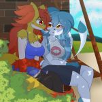  1:1 2020 amber_eyes anthro awintermoose big_breasts black_body black_fur blue_body blue_clothing blue_fur blue_hair blue_nose bottomwear breasts canid cheek_tuft cleavage clothed clothing day delphox detailed_background digital_media_(artwork) digital_painting_(artwork) duo ear_tuft eeveelution eye_contact eyewear facial_tuft female fully_clothed fur glaceon glasses hair hi_res long_hair looking_at_another mammal nintendo pink_nose pok&eacute;mon pok&eacute;mon_(species) red_eyes red_hair shirt shorts sitting snowcone_(awintermoose) topwear tuft video_games white_body white_fur yellow_body yellow_fur 