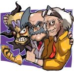  3boys back_to_the_future bald beard black_eyes black_hair blue_eyes colored_skin crash_bandicoot_(series) crossover dakusuta dr._wily_(mega_man) elbow_gloves emmett_brown facial_hair gloves goggles goggles_on_head grey_hair hand_on_another&#039;s_head hand_on_another&#039;s_shoulder highres jacket lab_coat looking_at_viewer male_focus mega_man_(classic) mega_man_(series) multiple_boys multiple_crossover mustache neo_cortex old old_man red_shirt scientist shirt smile thick_eyebrows thumbs_up trait_connection white_hair wrinkled_skin yellow_gloves yellow_jacket yellow_skin 