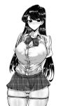  1girl absurdres arms_behind_back bangs bar_censor blush bow bowtie breasts censored gggg greyscale highres komi-san_wa_komyushou_desu komi_shouko long_hair looking_at_viewer monochrome panties panty_pull pleated_skirt pussy pussy_juice school_uniform simple_background skirt solo stray_pubic_hair sweat underwear white_background 