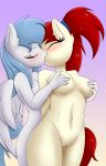  absurd_res anthro big_breasts blush bodily_fluids breasts duo equid equine eyes_closed female female/female genital_fluids genitals hasbro hi_res kissing mammal my_little_pony nude pegasus pussy pussy_juice rainbownspeedash saliva silver_draw simple_background vector_cloud wings 