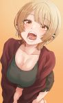  1girl absurdres all_fours black_pants black_shirt blonde_hair breasts brown_background brown_eyes cleavage dutch_angle ear_piercing earrings fangs highres jacket jewelry large_breasts looking_at_viewer miniskirt mole mole_on_breast open_mouth original pants piercing red_jacket scoop_neck shirt short_hair skirt tokufumi 