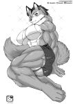  abs absurd_res anthro big_breasts bottomwear breasts canid canine canis clothing female hi_res looking_at_viewer lying mammal monochrome murazaki muscular muscular_anthro muscular_female on_side shorts solo wolf 