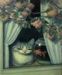  animal animal_focus branch cat closed_mouth fish goldfish grey_cat highres karin_hosono no_humans original painting_(medium) sitting_in_window traditional_media wide_face 