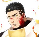  1boy black_hair blood blood_from_mouth blood_on_face close-up cropped_torso facial_hair fire halo male_focus manly muscle po_fu short_hair stubble tokyo_houkago_summoners upper_body white_background yellow_eyes zabaniya_(tokyo_houkago_summoners) 