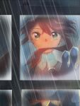  1girl bangs blue_gloves closed_mouth commentary_request crop_top expressionless eyelashes floating_hair gloves green_eyes hair_ornament hand_up highres looking_at_viewer looking_outside misha_(ohds101) pokemon pokemon_(game) pokemon_bw rain red_hair sidelocks skyla_(pokemon) solo through_window 