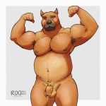  anthro balls belly biceps big_balls biped black_body black_fur blush bodily_fluids brown_body brown_fur canid canine canis cum cum_drip cum_leaking domestic_dog dripping flexing fur genital_fluids genitals hi_res humanoid_genitalia humanoid_penis male mammal muscular muscular_anthro muscular_male nipples nude one_eye_closed overweight overweight_anthro overweight_male penis pit_bull pubes rooinks shy simple_background slightly_chubby smile solo thick_neck thick_penis thick_thighs uncut wink yellow_eyes 