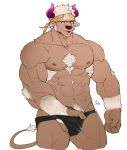  1boy abs animal_ears bara chest chest_hair cow_boy cow_ears cow_horns facial_hair furry hand_under_clothes horns male_focus manly muscle nipples p2yong pectorals penis_peek purple_eyes purple_horns shennong_(tokyo_afterschool_summoners) shirtless short_hair solo thick_thighs thighs tokyo_houkago_summoners upper_body white_hair 