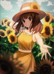  1girl alternate_eye_color alternate_hair_color bangs bare_arms blunt_bangs brown_eyes brown_hair closed_mouth cloud condensation_trail day dress eyebrows_visible_through_hair flower girls_und_panzer haires hand_on_headwear hat hat_flower highres leaf looking_at_viewer medium_hair outdoors outstretched_arm sky smile sun_hat sundress sunflower takebe_saori yellow_dress 