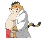  2020 anthro asian_clothing balls belly blush bodily_fluids bulge clothed clothing east_asian_clothing erection felid fundoshi genital_fluids genitals hi_res hon55728 japanese_clothing kemono male mammal moobs nipples open_clothing open_shirt open_topwear overweight overweight_anthro overweight_male pantherine penis precum shirt simple_background solo tiger topwear underwear white_background 