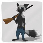  2020 6vulpes anthro barefoot black_body black_fur border bottomwear canid canine cheek_tuft clock clothing facial_tuft fox full-length_portrait fur grey_background grey_body grey_fur gun half-closed_eyes hi_res holding_gun holding_object holding_weapon inner_ear_fluff male mammal narrowed_eyes pants portrait ranged_weapon red_fox silver_fox simple_background smile solo standing tuft watch weapon white_border 