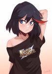  1girl arm_behind_head arm_up black_hair blue_eyes blush cameo collarbone commentary darahan english_commentary english_text extra_attack_shirt fate/grand_order fate_(series) kill_la_kill matoi_ryuuko multicolored_hair no_bra off_shoulder photoshop_(medium) print_shirt red_hair shirt solo streaked_hair symbol-shaped_pupils t-shirt 