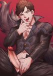  1boy belial_(granblue_fantasy) black_shirt brown_hair chest erection feather_boa granblue_fantasy long_sleeves looking_at_viewer male_focus muscle open_mouth pectorals penis red_eyes shirt short_hair simple_background solo testicles zombies_inc. 