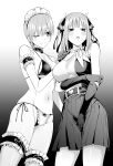  2girls bikini blush breasts chicke_iii elbow_gloves gloves go-toubun_no_hanayome highres maid maid_bikini maid_headdress medium_hair monochrome multiple_girls nakano_ichika nakano_nino navel one_eye_closed short_hair simple_background skirt smile string_bikini swimsuit unconventional_maid 