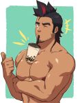  1boy abs bara between_pecs black_eyes black_hair bubble_tea bubble_tea_challenge chest cropped_torso drink facial_hair looking_at_viewer male_focus manly meme multicolored multicolored_eyes multicolored_hair muscle nipples object_on_pectorals original pectorals red_eyes red_hair solo streaked_hair thumbs_up upper_body zombies_inc. 