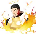  1boy black_hair blood blood_from_mouth blood_on_face cropped_torso facial_hair fire halo male_focus manly muscle po_fu short_hair stubble tokyo_houkago_summoners upper_body white_background zabaniya_(tokyo_houkago_summoners) 