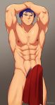  1boy abs bara blue_eyes blue_hair blue_pubic_hair bulge chest clothes_in_front collarbone covering covering_crotch erection erection_under_clothes fire_emblem hector_(fire_emblem) male_focus male_pubic_hair muscle nude_cover pectorals pubic_hair short_hair smile solo zombies_inc. 