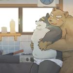  1:1 2020 anthro belly black_body black_fur blush bodily_fluids brown_body brown_fur canid canine canis chocobibear domestic_dog duo fur genital_fluids hug hugging_from_behind kemono male male/male mammal overweight overweight_male peeing urine ursid wet white_body white_fur 