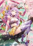  1girl arm_support armlet bangs breasts cleavage day dress eyebrows_visible_through_hair floating_hair gabiran gradient_dress hair_between_eyes hand_in_hair in_tree long_hair looking_at_viewer medium_breasts official_art outdoors purple_hair purple_legwear shinkai_no_valkyrie shiny shiny_hair shiny_skin sitting sitting_in_tree sleeveless sleeveless_dress solo thighhighs tree very_long_hair white_dress yellow_dress yellow_eyes 