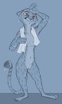  2020 anthro blue_background breasts cheetah disney dripping felid feline female fur genitals kii_catano mammal navel pussy simple_background smile solo spots spotted_body spotted_fur standing tggeko towel wet zootopia 