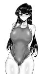  1girl absurdres arms_behind_back bangs bare_shoulders blush breasts cameltoe competition_swimsuit gggg greyscale highres komi-san_wa_komyushou_desu komi_shouko long_hair looking_at_viewer monochrome one-piece_swimsuit simple_background solo sweat swimsuit white_background 