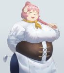  2020 anthro big_breasts breasts canid canine canis clothing cyrucrem domestic_dog eyes_closed female hi_res humanoid_hands kemono mammal overweight overweight_anthro overweight_female shirt simple_eyes solo topwear 