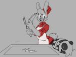  anthro breasts cake claws clothed clothing fangs female fluffy fluffy_tail food fur giant_panda grey_eyes hijackerdraws_(artist) holding_object knife lagomorph leporid mammal open_mouth open_smile rabbit simple_background smile solo tongue ursid 