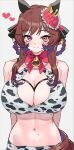  acaa alternate_costume animal_ears animal_print arms_behind_back bell bikini breasts closed_mouth commentary_request cow_print daiwa_scarlet_(umamusume) hair_ornament heart highres horse_ears horse_girl large_breasts long_hair looking_at_viewer mole mole_on_stomach navel neck_bell pink_eyes sidelocks simple_background skirt smile solo swimsuit umamusume white_background 
