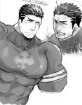  1boy bara black_hair blush chest covered_abs facial_hair greyscale halo male_focus manly monochrome muscle nipples pectorals po_fu shirtless short_hair stubble tokyo_houkago_summoners upper_body zabaniya_(tokyo_houkago_summoners) 