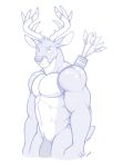  2020 anthro antlers arrow biceps cervid digital_media_(artwork) dissimulated ear_piercing eyebrows featureless_chest flaccid fur genitals greyscale hi_res horn looking_at_viewer male mammal monochrome muscular muscular_anthro muscular_male nude pecs penis piercing quiver simple_background solo spots spotted_body spotted_fur white_background 