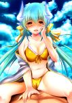  1girl :d absurdres bare_shoulders bikini blush bow breasts cleavage cloud collarbone dragon_girl dragon_horns fate/grand_order fate_(series) green_hair hand_on_own_face highres horns izumikuu kiyohime_(fate/grand_order) kiyohime_(swimsuit_lancer)_(fate) large_breasts long_hair looking_at_viewer low_twintails midriff multiple_horns navel open_mouth smile solo_focus straddling swimsuit twintails very_long_hair yellow_bikini yellow_bow yellow_eyes 